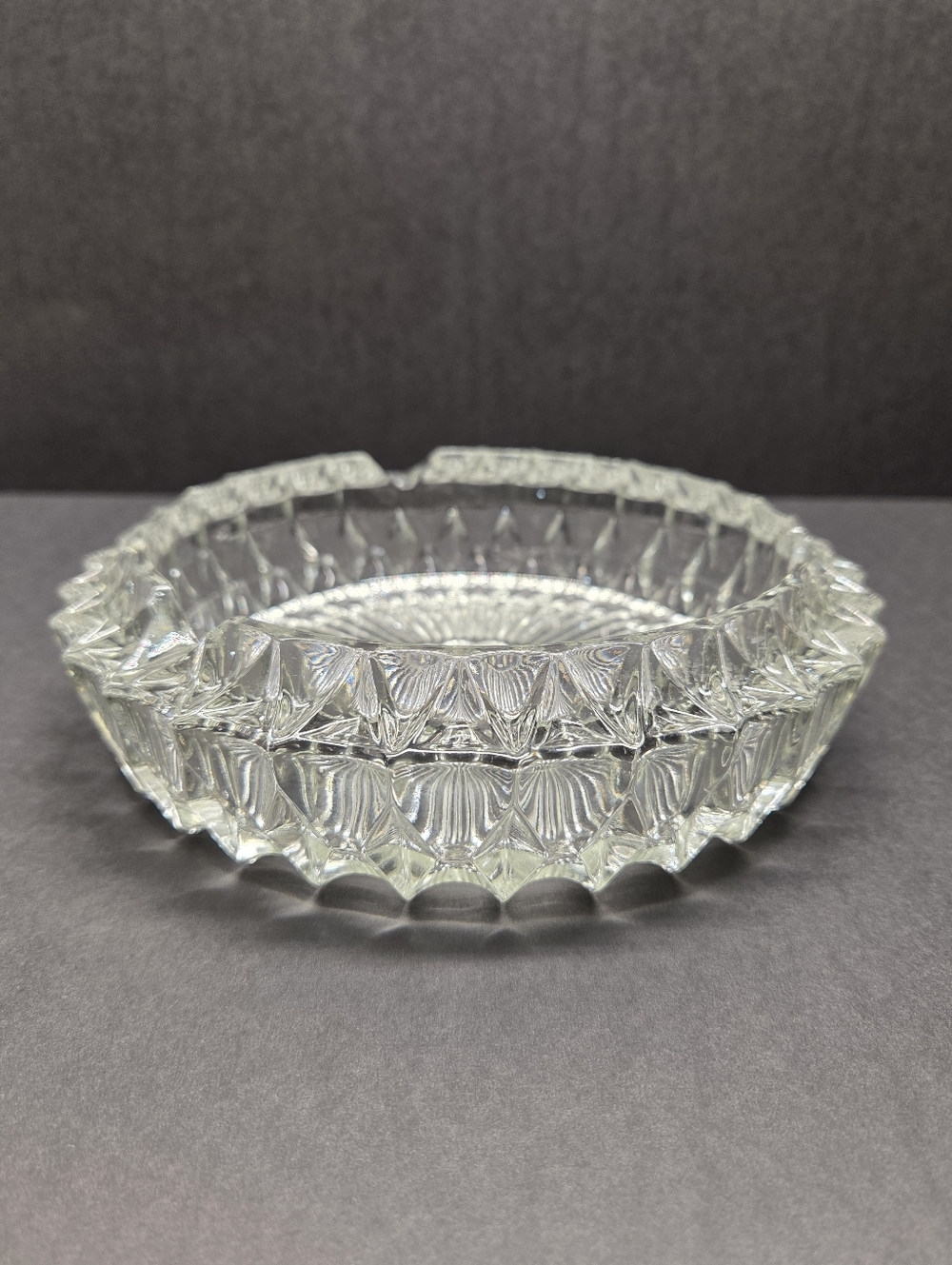 Heavy Vintage 7.5" Glass Ashtray Diamond Point Made In Italy 2" Tall